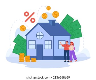 Married Couple Investing Savings Into New Home. People Taking Credit In Bank, Money For Buying House Flat Vector Illustration. Mortgage, Ownership, Property Concept For Banner Or Landing Web Page