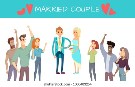 Married couple isolated on white vector poster, illustration with man elegant suit and bride in dress cheerful friends wedding, happy crowd cartoon style