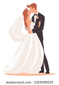 Married couple kissing, hugging. Beautiful young bride and groom couple. Wedding. Vector illustration