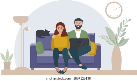 A married couple with a laptop sits at home on the sofa. Work at home, online education. Students or freelancers, bloggers. The concept of the Home Office. Rest together. vector flat