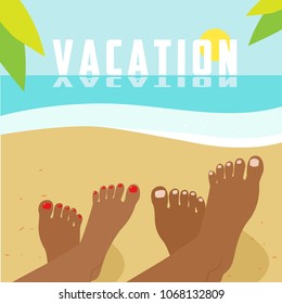 A married couple lies and sunbathes on the beach. Vector illustration of feet on the beach. Summer family vacation. Travel, tourism. Honeymoon