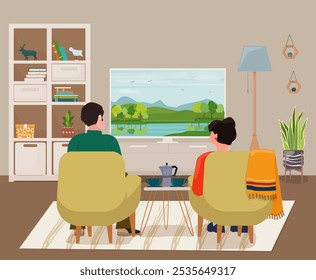 Um casal está na sala de estar assistindo TV e tomando café. Ilustração vetorial.