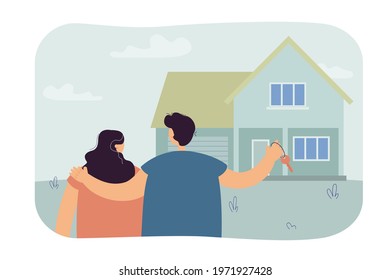 Married couple looking at new home. Husband with key hugging wife, house with garage flat vector illustration. Moving, real estate concept for banner, website design or landing web page