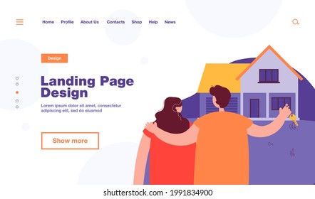 Married couple looking at new home. Husband with key hugging wife, house with garage flat vector illustration. Moving, real estate concept for banner, website design or landing web page