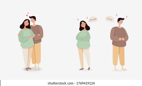 Married couple loves and quarrel. Man woman gently hug with loving faces and angrily stand separately offended changes in relationships mutual misunderstanding disagreements vector example.