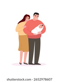 Married couple lovingly holding their baby. Mom and dad with a newborn. Vector flat graphics.