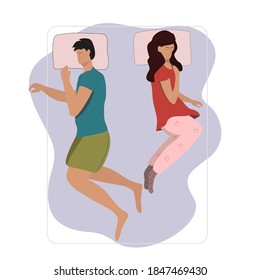 Ehepaar, das sich auf dem Bett auseinander setzt, Krise in der Beziehung der Liebenden, Vektorgrafik im flachen Stil