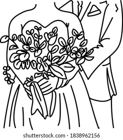 a married couple, a man hugs the woman from behind with a dress and a flower bouquet