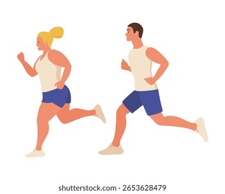 Um casal, um homem e uma mulher, praticam esportes. Correndo pela rua.