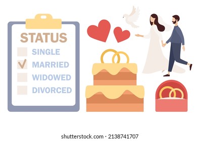 Married couple. Marital status concept. Wedding cake, wedding rings, hearts, dove. Vector flat illustration