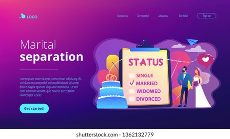 Married couple and marital status on clipboard, tiny people. Relationship status, marital status and separation, marriage and divorce concept. Website vibrant violet landing web page template.