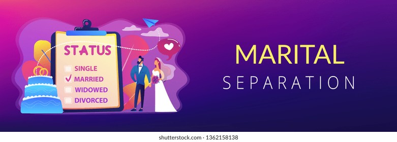 Married couple and marital status on clipboard, tiny people. Relationship status, marital status and separation, marriage and divorce concept. Header or footer banner template with copy space.