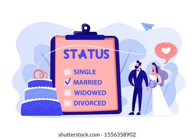 Married couple and marital status on clipboard, tiny people. Relationship status, marital status and separation, marriage and divorce concept. Pinkish coral bluevector isolated illustration