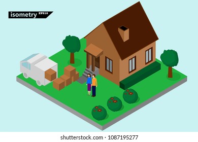 A married couple moved to a new house. Unpacked boxes on the street. 
isometry vector