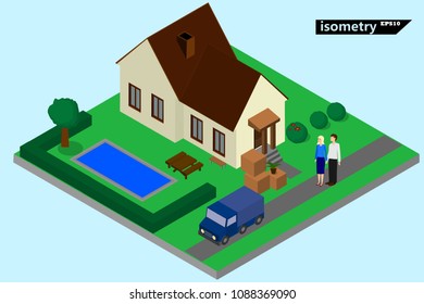 A married couple moved to a new house. Unpacked boxes on the street. 
isometry vector