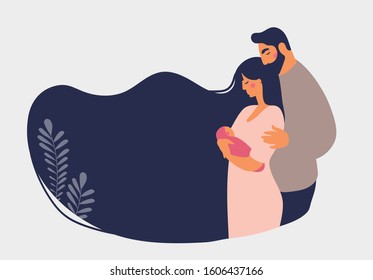 Married couple with a newborn baby. Family concept, place for text. A woman holds a baby in her arms, a man hugs his family. Flat cartoon vector isolated on white.