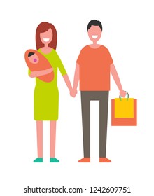 Married couple with newborn baby and shopping bags. Mother beside father, parents of little child carrying packages vector illustration isolated.
