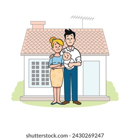 Married couple with a newborn baby standing together in front of a new house, cartoon vector illustration