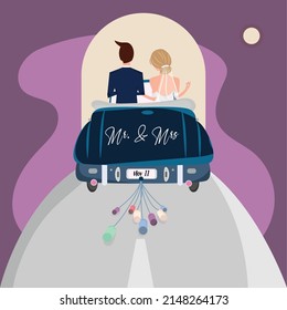 Married couple on a car Wedding colored template Vector
