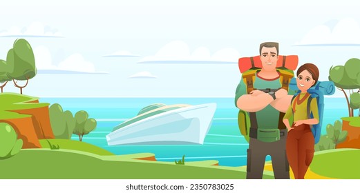 married couple on journey. Landscape with sea and large tourist ship. Coastline and backpacking. Funny cartoon style. Vector