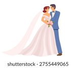 Married Couple on Their Wedding Day. Happy Bride and Groom Standing Together. Bride Holding a Beautiful Bouquet. Flat Vector Illustration.