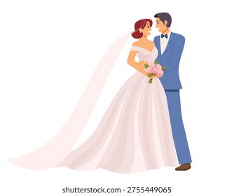 Married Couple on Their Wedding Day. Happy Bride and Groom Standing Together. Bride Holding a Beautiful Bouquet. Flat Vector Illustration.