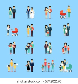 Married couple people life set on blue background. Dating pair, wedding day, couple with newborns, family spending time together with cotton candy, gradual process of children growing up vector poster