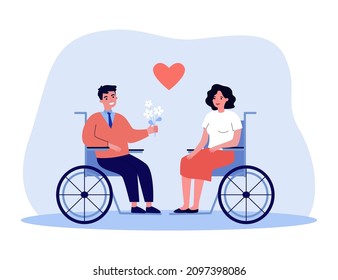 Married couple with physical disability on date. Man in wheelchair giving flowers to woman flat vector illustration. Love, relationship, disability, accessibility concept for banner or website design