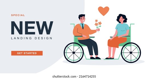 Married couple with physical disability on date. Man in wheelchair giving flowers to woman flat vector illustration. Love, relationship, disability, accessibility concept for banner or website design