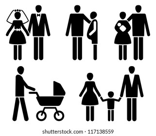 Married couple pictogrammes: wedding, pregnancy, children