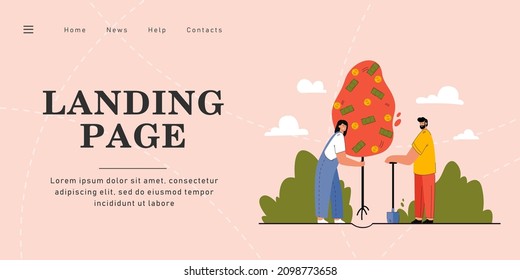 Married couple planting money tree. Flat vector illustration. Man with shovel and woman holding tree with coins and banknotes. Profit, wealth, financial wellbeing, money concept for banner design