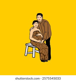 married couple poses holding their pregnant wife's belly vector