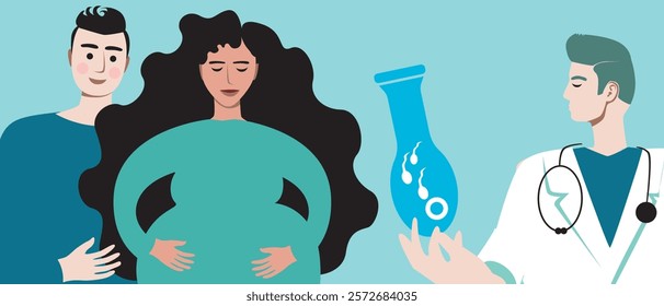 Married couple with pregnant woman as family planning and in vitro fertilization concept, flat vector stock illustration with doctor for IVF