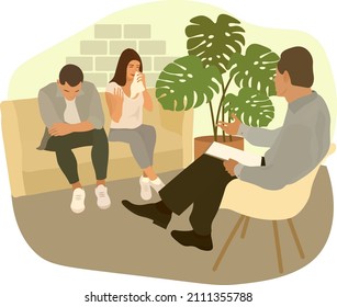 A married couple at a psychologist's appointment. Vector.