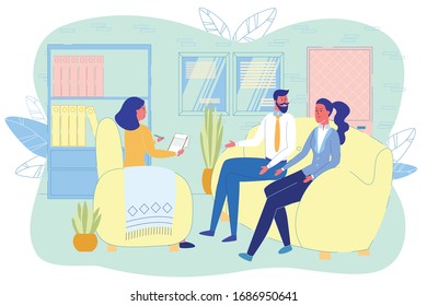 Married Couple at Psychotherapist Appointment. Husband and Wife Seated on Small Sofa, in front them Specialist Sitting and Recording their Story. Man Swears, and Woman Silently Intense.