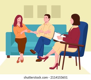 Married couple at a psychotherapist's appointment. Upset woman speaks and points at the man. Psychologist listens and makes notes on paper. Vector illustration in flat style