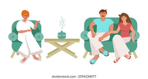 Married couple in psychotherapist's office discussing problems, conflicts in family life, psychological counseling - vector color flat illustration