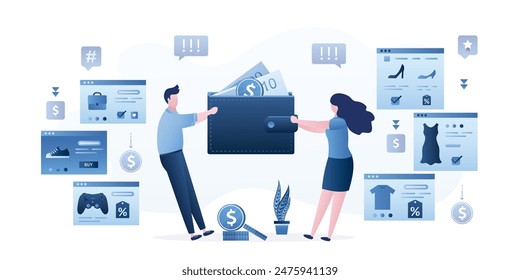 Married couple pulls wallet with finances, family budget. Shared money, conflict over financial spending. Disagreement with expenses. Husband and wife planned different purchases. vector illustration