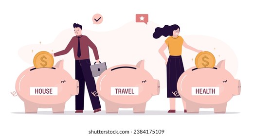 Married couple put money into piggy banks. Reliable protection of savings. Savings for various needs - travel, health, car. Savings account is divided into several parts. Family money management.