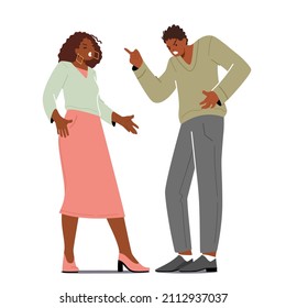 Married Couple Quarrel and Fight. African Man and Woman Sorting Things Out, Fighting. Family Conflict Concept. Husband and Wife Scandal at Home. Love and Human Relations. Cartoon Vector Illustration