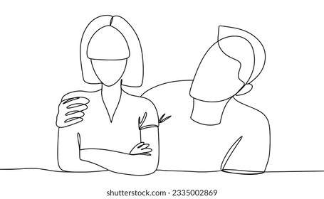 The married couple quarreled. A man asks for forgiveness from a woman. Global Forgiveness Day. One line drawing for different uses. Vector illustration.