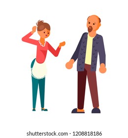 The married couple quarrels in flat design. Wife scold your husband. Man is frightened and surprised. Isolated on white background. Vector illustration eps 10