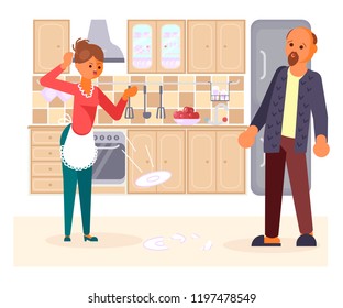 The married couple quarrels in the kitchen concept. Wife throws smashes dishes on the floor. Husband is frightened and surprised. Vector illustration eps 10
