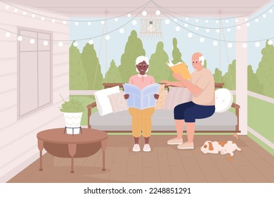 Married couple reading on cozy terrace flat color vector illustration. Elderly people sitting on swing and relaxing. Fully editable 2D simple cartoon characters with veranda, garden on background