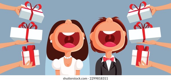
Married Couple Receiving Gifts Vector Cartoon illustration. Opportunistic bride and groom feeling happy about wedding presents

