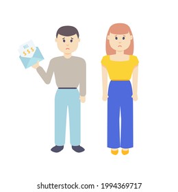 Married Couple Receiving Medical Invoice For Treatment And Health Care Expenses. Young Man And Woman With Taxes Payment, Student Debt Receipt. Finance Concept. Cartoon Character Vector Illustration.