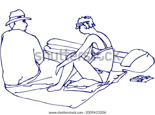 Картинка для векторного рисунка iThyx: Супружеская пара отдыхает на пляже, сидит на коврике, Плайя-де-лас-Америкас-Адехе, Тенерифе