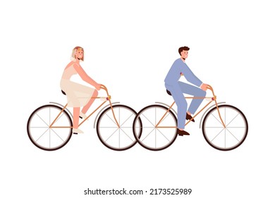 A married couple rides on the bicycles. Vector illustration