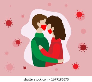 Married couple is at risk from a coronavirus. Chinese epidemic COVID-19. Man and woman in danger. Corona virus outbreak background. Vector illustration in flat design