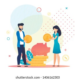 Married Couple Save Coins In Piggy Bank Metaphor Cartoon. Family Budget, Home Savings And Investment Money. Future Financial Planning. Safe Economical Fund Deposit Strategy. Vector Flat Illustration